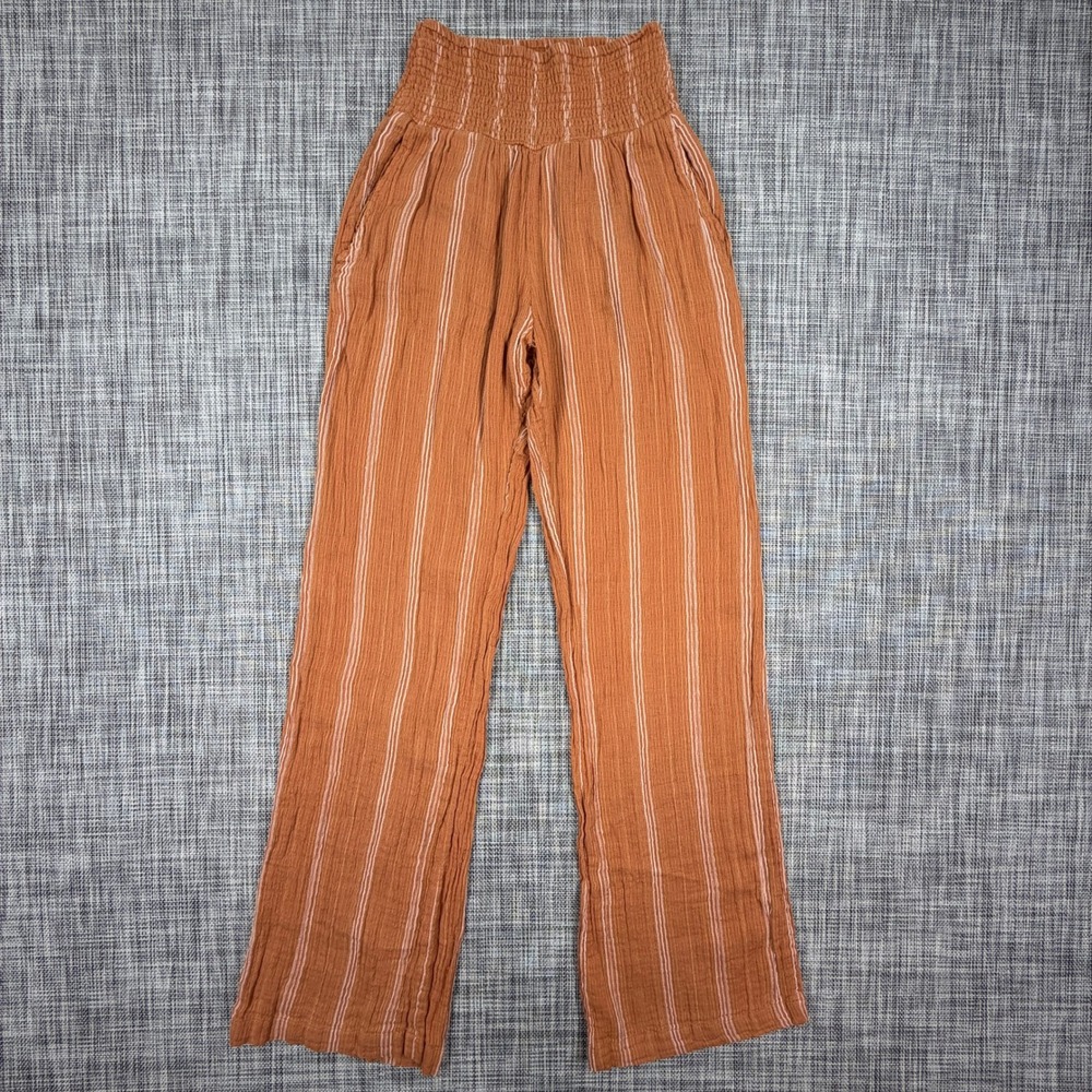 Billabong Womens Rust White Stripe Wide Leg Pants Small Smocked Waist Pockets